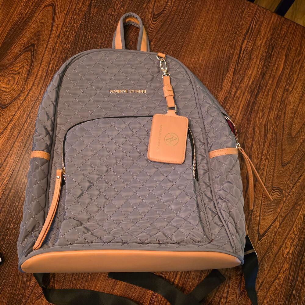 Adrienne Vittadini Backpack Quilted Grey Khaki Women's New Laptop sleeve